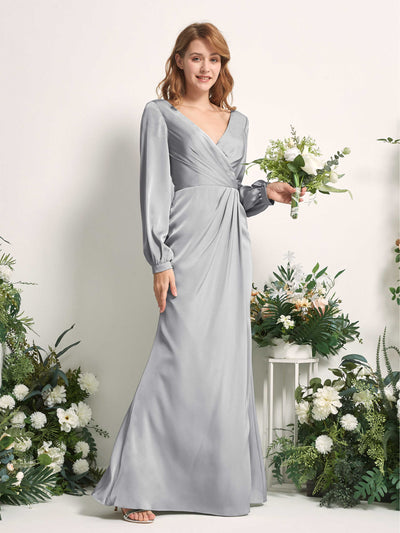 Carlyna Taylor Mermaid Dove Satin Bridesmaid Dress Maxi Long Sleeve V-Neck Front View #color_dove