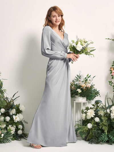 Carlyna Taylor Mermaid Dove Satin Bridesmaid Dress Maxi Long Sleeve V-Neck Side View 2 #color_dove