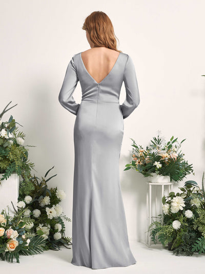 Carlyna Taylor Mermaid Dove Satin Bridesmaid Dress Maxi Long Sleeve V-Neck Back View #color_dove