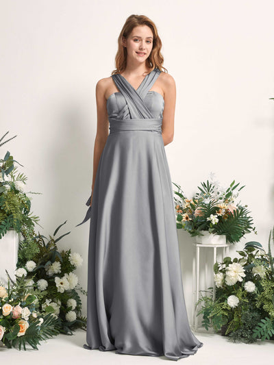 Carlyna Mirabelle Convertible Steel Gray Satin Bridesmaid Dress Maxi Sleeveless Sweetheart Dress Front View #color_steel-gray
