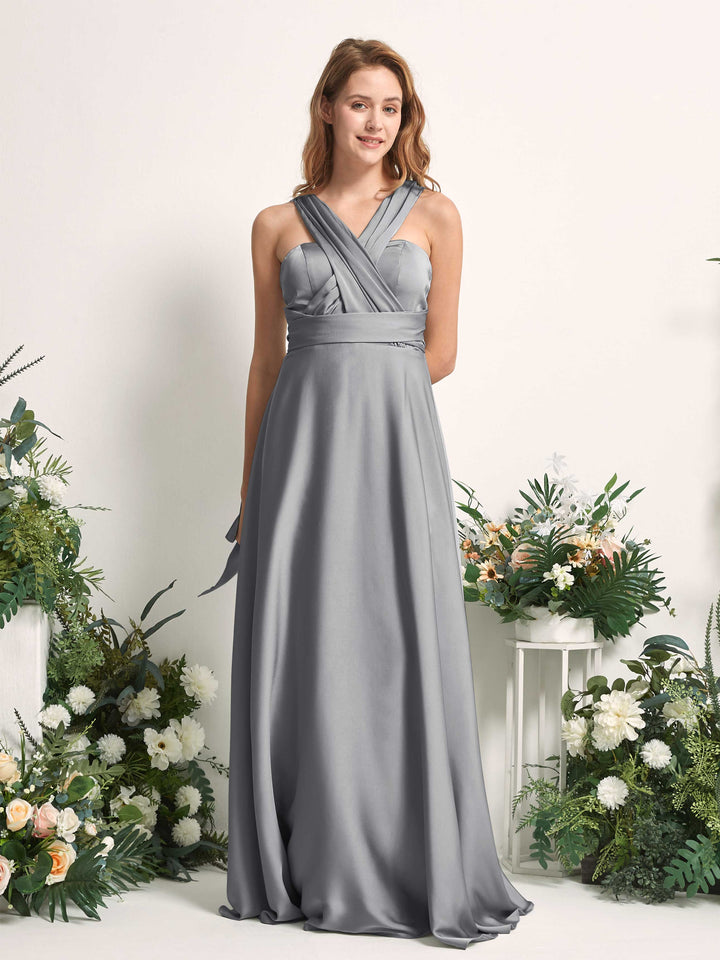Steel Gray Bridesmaid Dresses Bridesmaid Dress A-line Satin Halter Full Length Short Sleeves Wedding Party Dress (81226407)