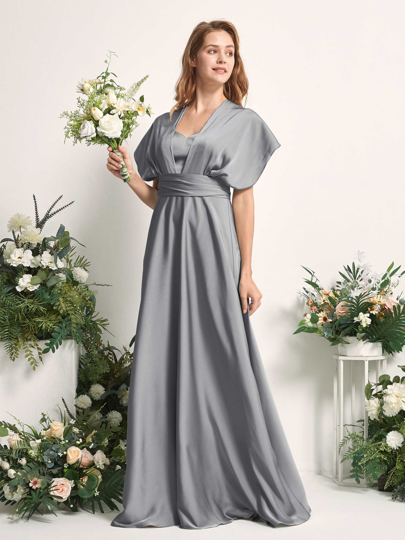 Steel Gray Bridesmaid Dresses Bridesmaid Dress A-line Satin Halter Full Length Short Sleeves Wedding Party Dress (81226407)#color_steel-gray