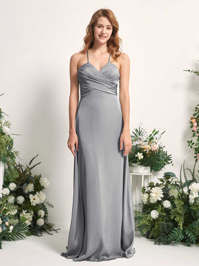 Carlyna Allison A-Line Steel Gray Satin Bridesmaid Dress Maxi Sleeveless V-Neck Dress Front View #color_steel-gray