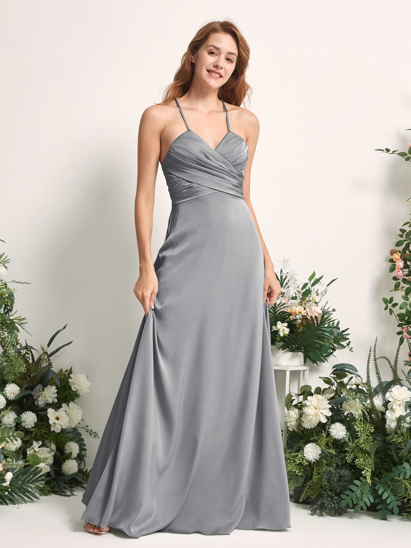 Steel Gray Bridesmaid Dresses Bridesmaid Dress A-line Satin Spaghetti-straps Full Length Sleeveless Wedding Party Dress (80225707)#color_steel-gray