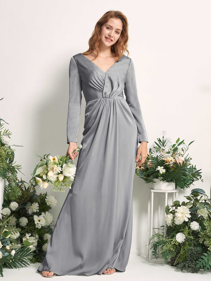 Steel Gray Bridesmaid Dresses Bridesmaid Dress A-line Satin V-neck Full Length Long Sleeves Wedding Party Dress (80225807)
