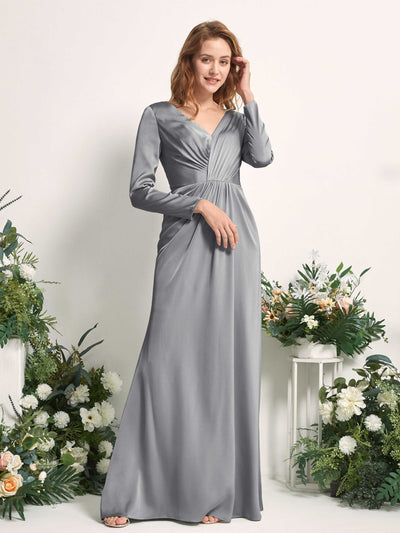 Carlyna Alicia Mermaid Steel Gray Satin Bridesmaid Dress Maxi Long Sleeve V-Neck Side View 2 #color_steel-gray