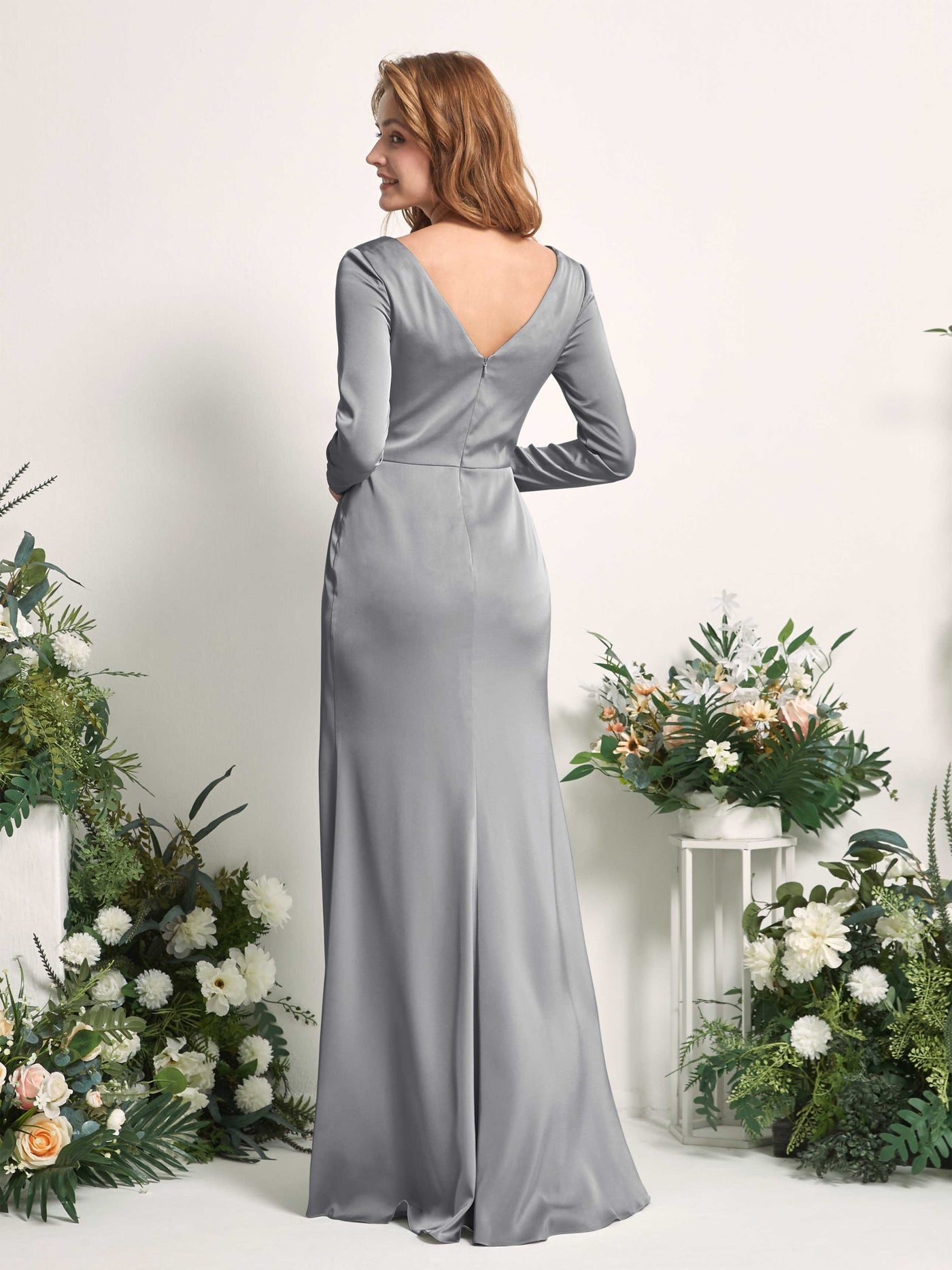 Steel Gray Bridesmaid Dresses Bridesmaid Dress A-line Satin V-neck Full Length Long Sleeves Wedding Party Dress (80225807)#color_steel-gray