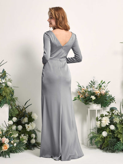 Carlyna Alicia Mermaid Steel Gray Satin Bridesmaid Dress Maxi Long Sleeve V-Neck Back View #color_steel-gray