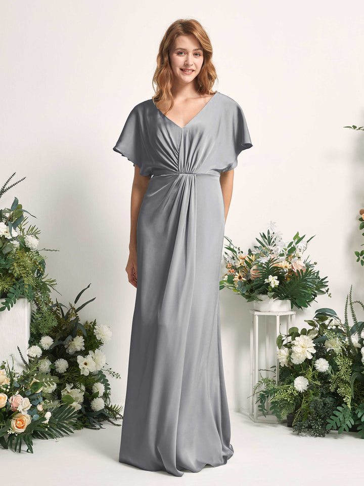 Steel Gray Bridesmaid Dresses Bridesmaid Dress A-line Satin V-neck Full Length Short Sleeves Wedding Party Dress (80225507)