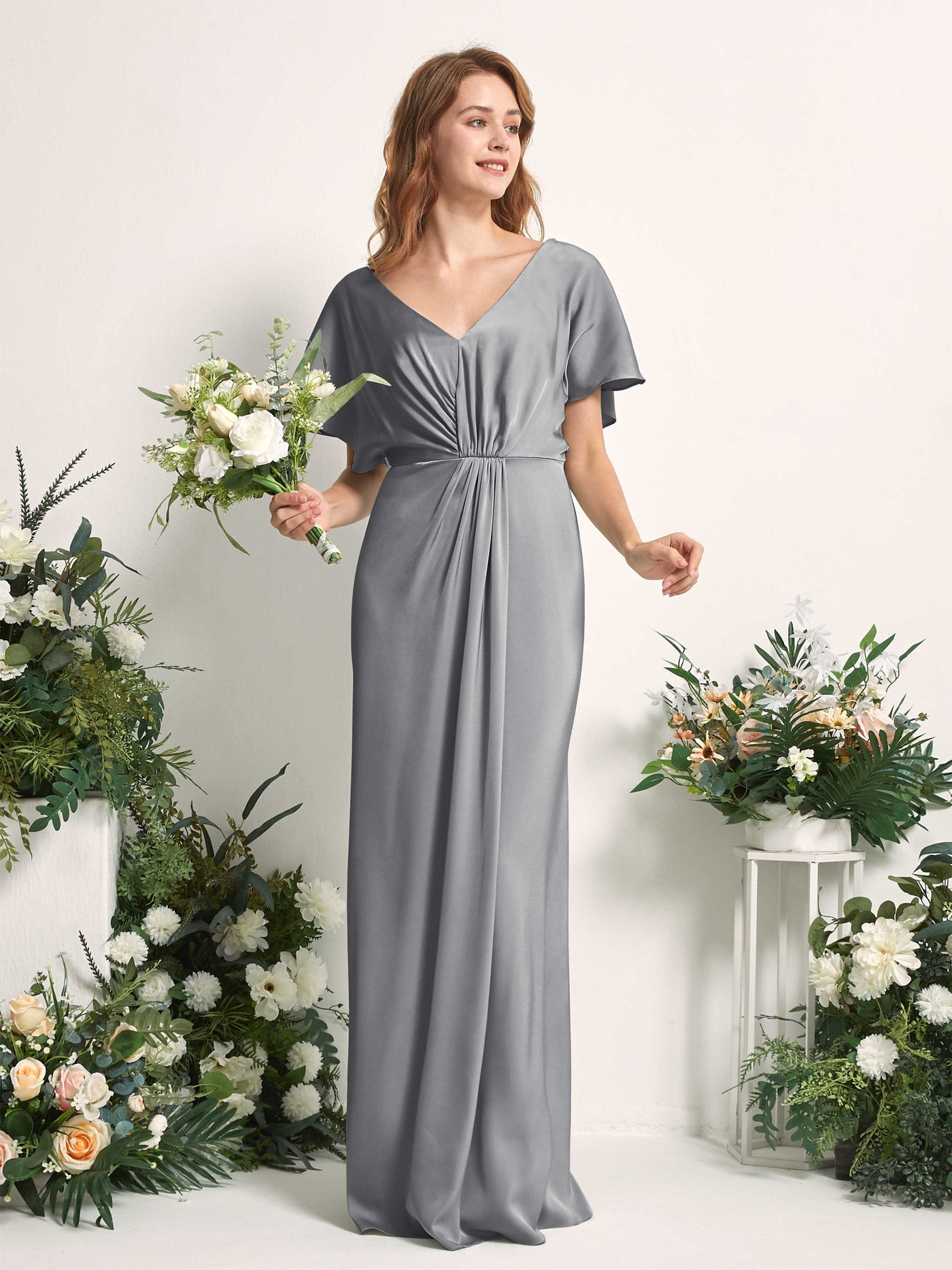 Steel Gray Bridesmaid Dresses Bridesmaid Dress A-line Satin V-neck Full Length Short Sleeves Wedding Party Dress (80225507)#color_steel-gray