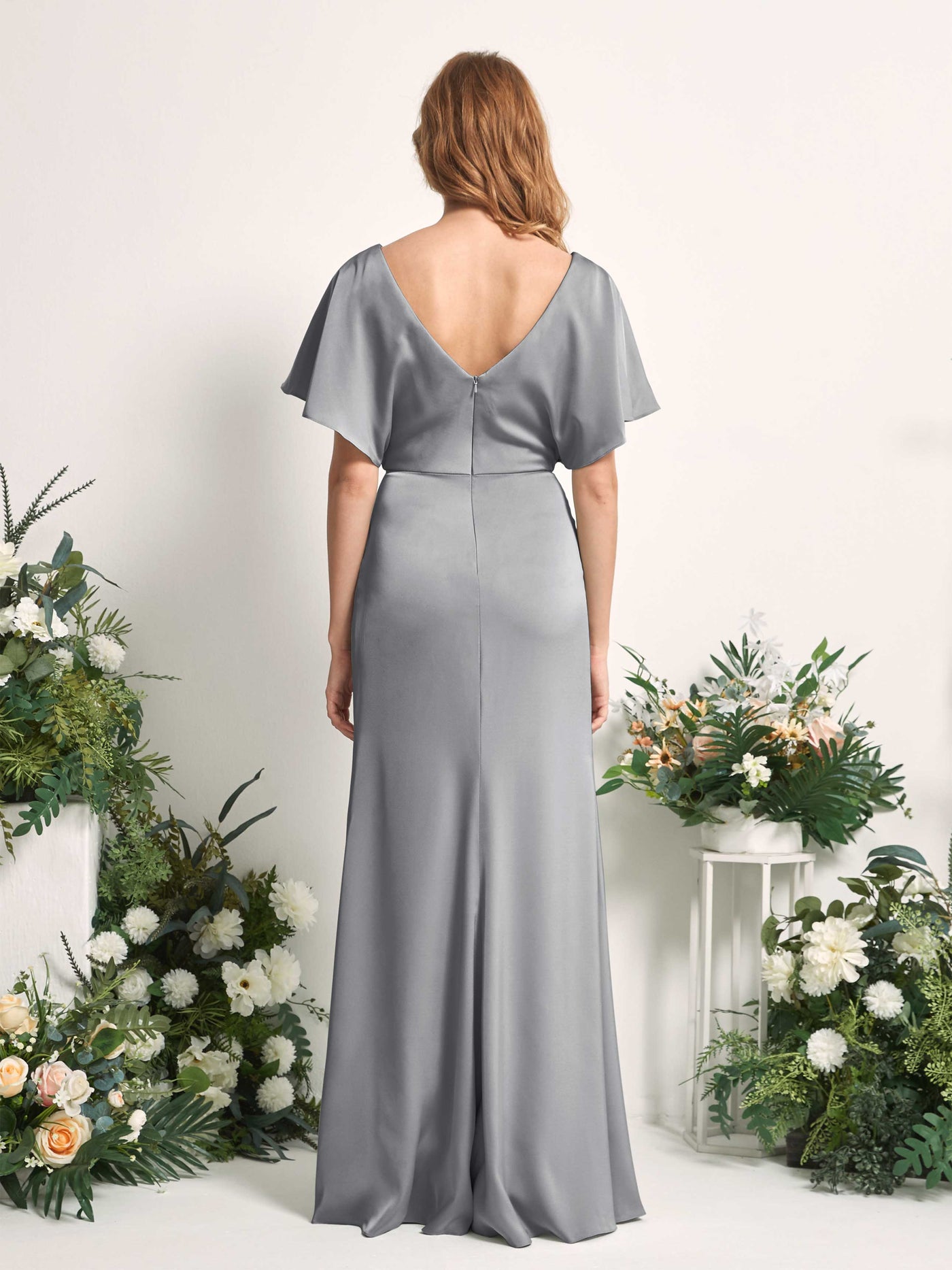 Steel Gray Bridesmaid Dresses Bridesmaid Dress A-line Satin V-neck Full Length Short Sleeves Wedding Party Dress (80225507)#color_steel-gray
