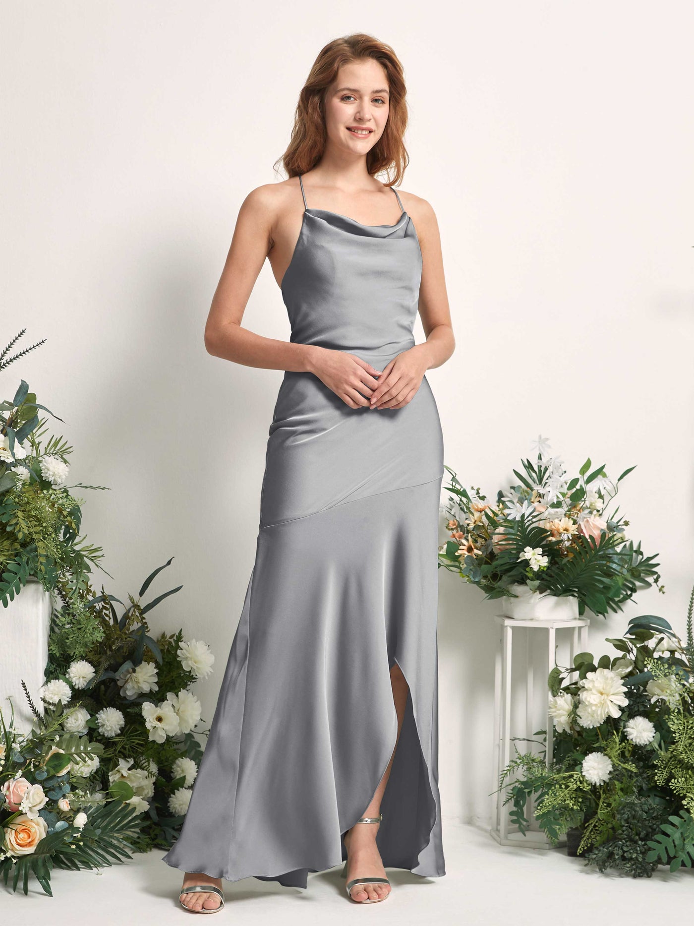 Steel Gray Bridesmaid Dresses Bridesmaid Dress Mermaid/Trumpet Satin Spaghetti-straps High Low Sleeveless Wedding Party Dress (80226107)#color_steel-gray