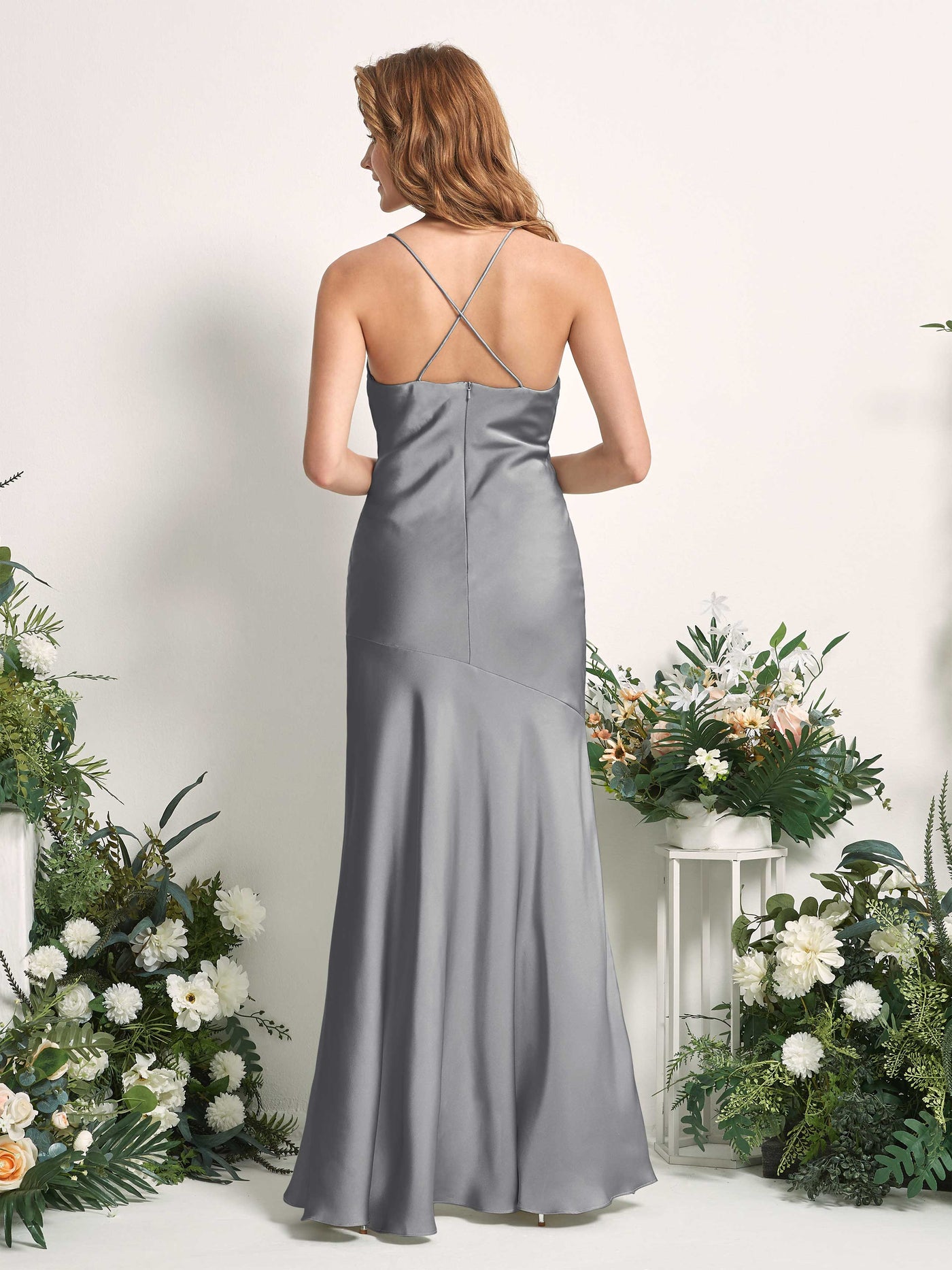 Steel Gray Bridesmaid Dresses Bridesmaid Dress Mermaid/Trumpet Satin Spaghetti-straps High Low Sleeveless Wedding Party Dress (80226107)#color_steel-gray