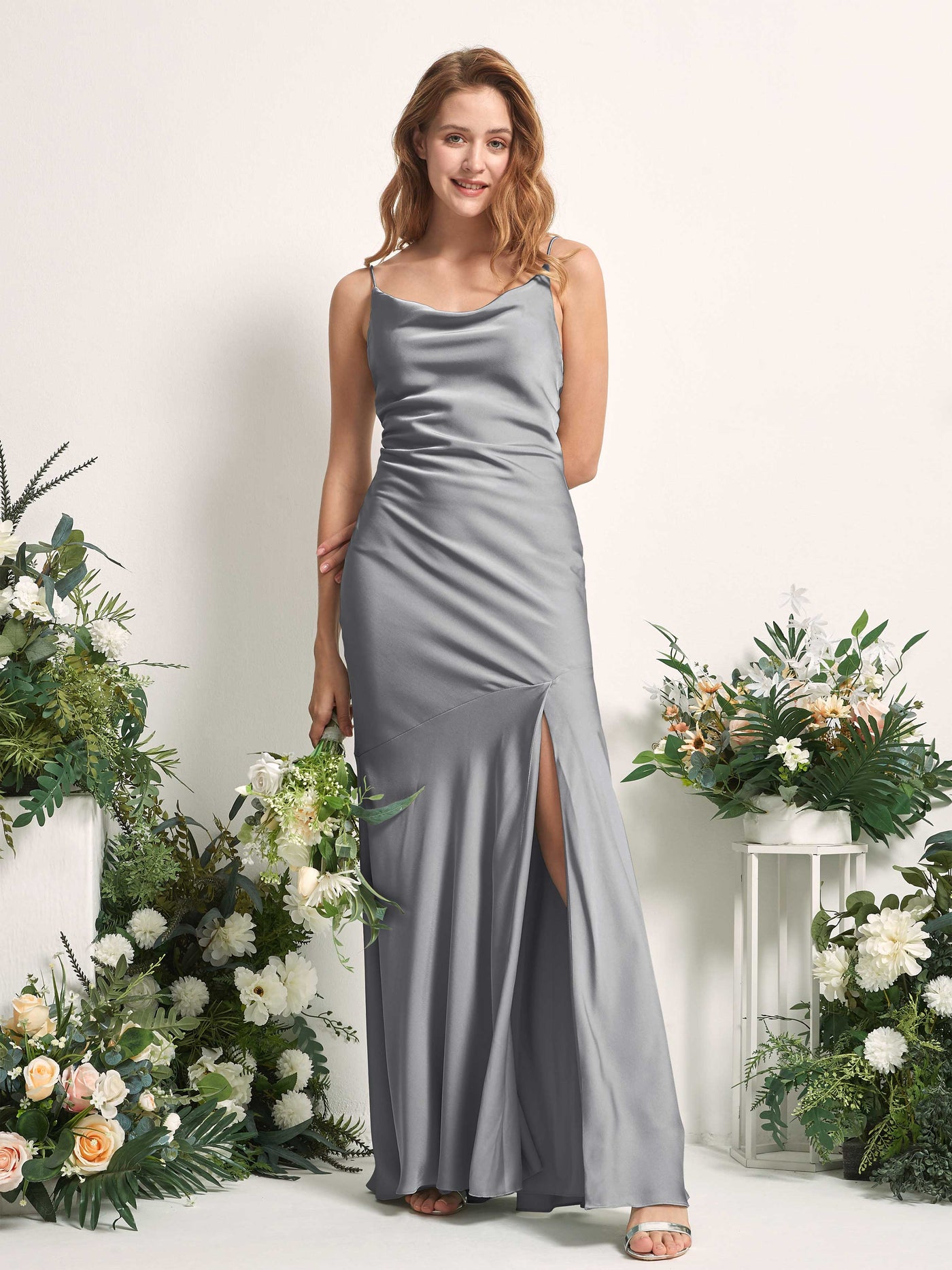 Steel Gray Bridesmaid Dresses Bridesmaid Dress Mermaid/Trumpet Satin Spaghetti-straps Full Length Sleeveless Wedding Party Dress (80225607)#color_steel-gray