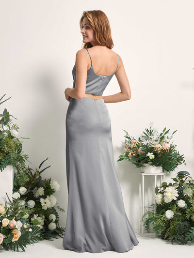 Carlyna Felicity Two-Piece Steel Gray Satin Bridesmaid Dress Maxi Sleeveless Cowl Neck Dress Back View #color_steel-gray