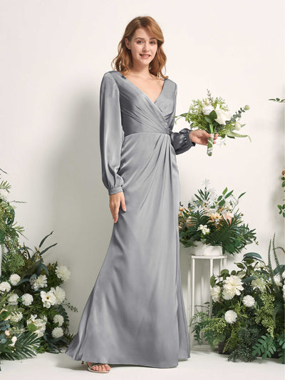 Carlyna Taylor Mermaid Steel Gray Satin Bridesmaid Dress Maxi Long Sleeve V-Neck Front View #color_steel-gray
