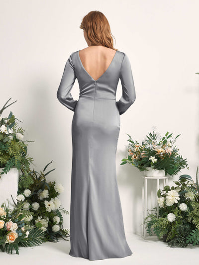 Carlyna Taylor Mermaid Steel Gray Satin Bridesmaid Dress Maxi Long Sleeve V-Neck Back View #color_steel-gray