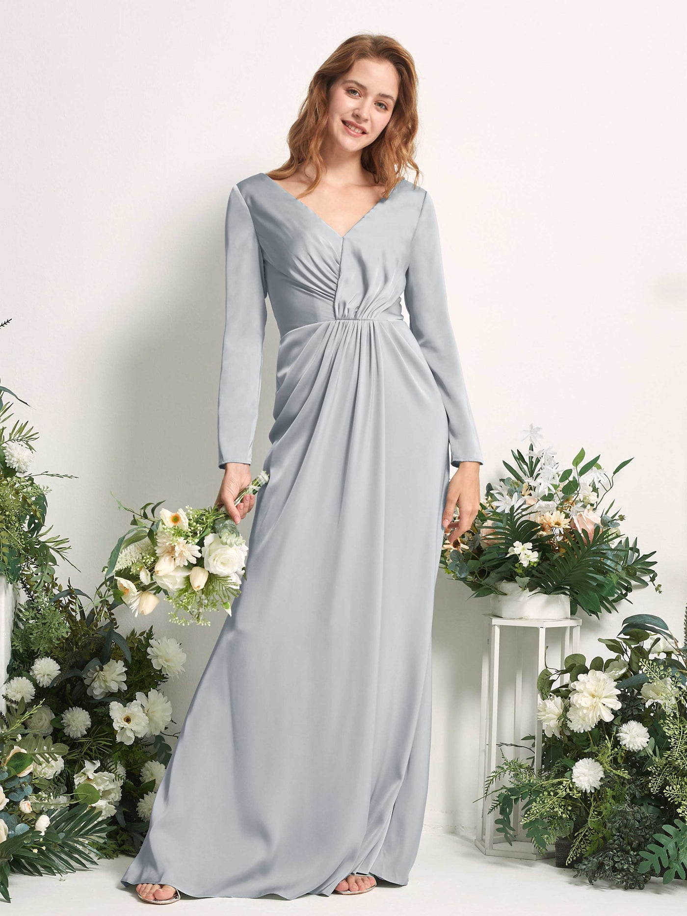 Baby Blue Bridesmaid Dresses Bridesmaid Dress A-line Satin V-neck Full Length Long Sleeves Wedding Party Dress (80225801)#color_baby-blue