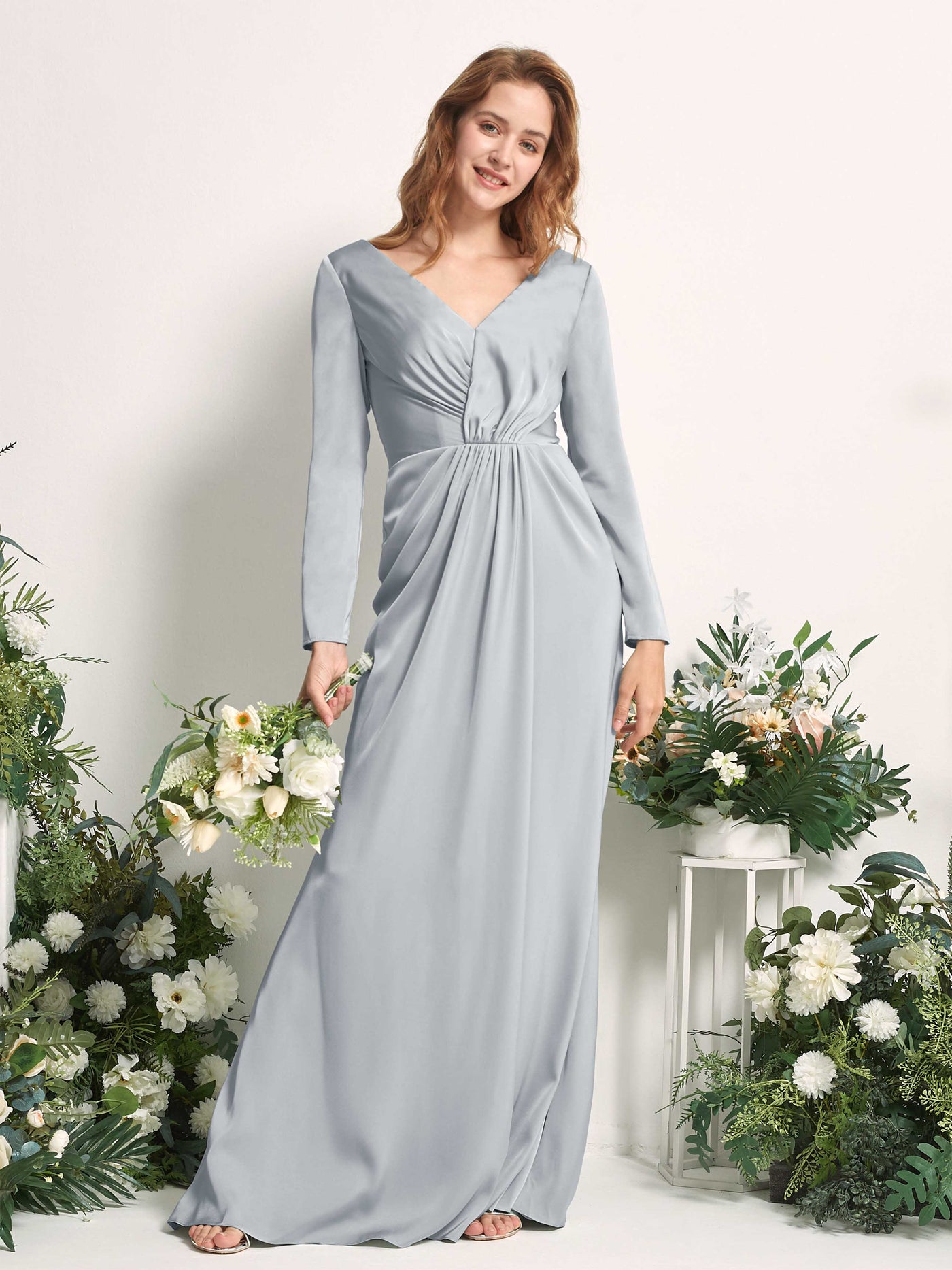 Taupe Satin V-Neck Bridesmaid Dress Mermaid Floor-Length