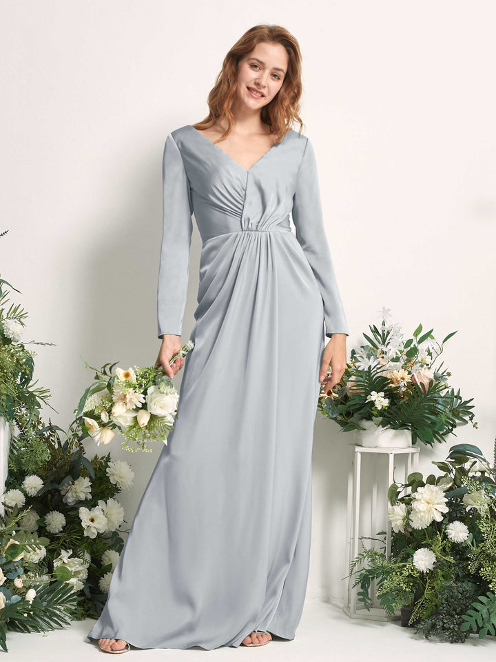 Baby Blue Bridesmaid Dresses Bridesmaid Dress A-line Satin V-neck Full Length Long Sleeves Wedding Party Dress (80225801)