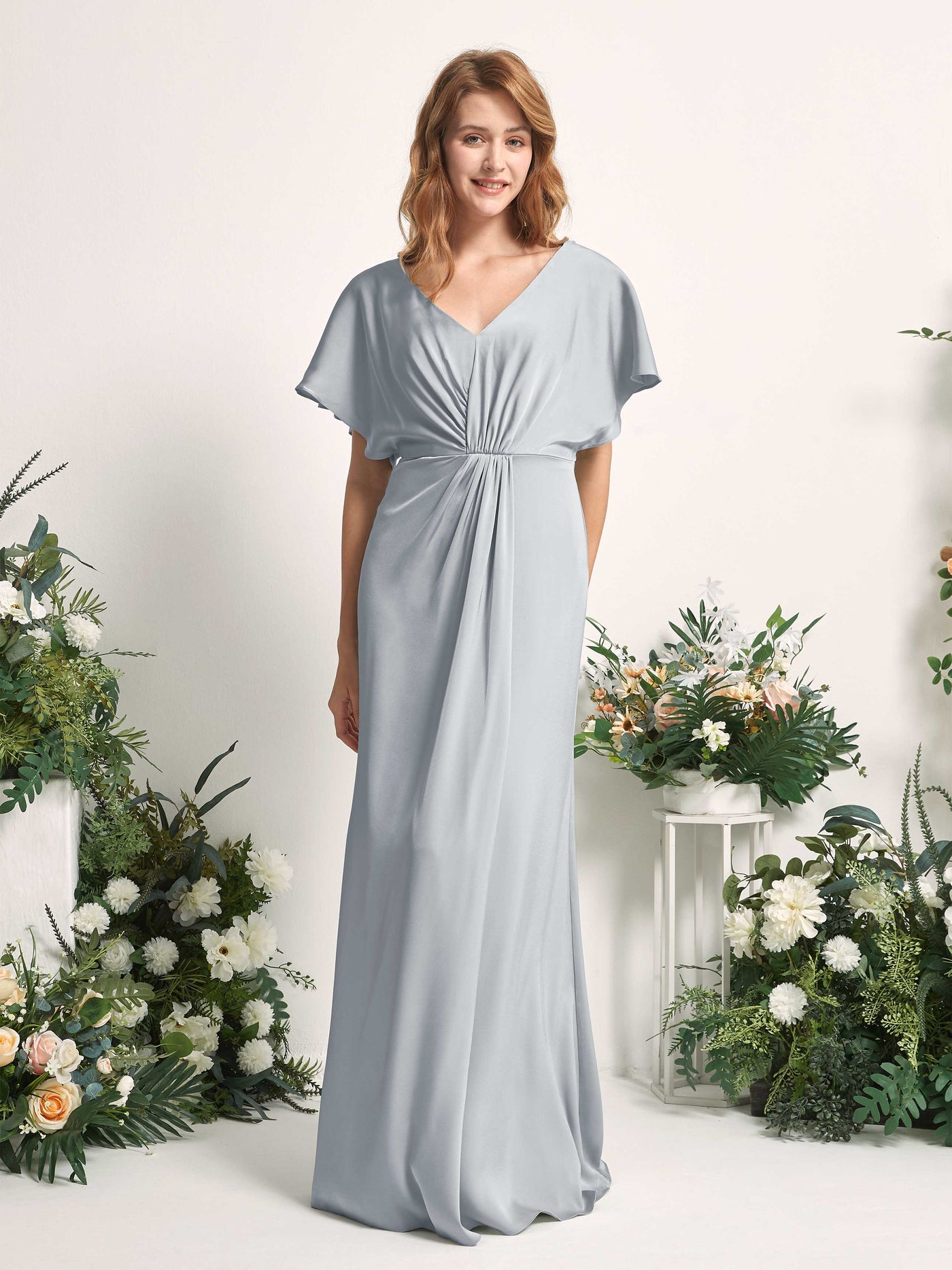 Baby Blue Bridesmaid Dresses Bridesmaid Dress A-line Satin V-neck Full Length Short Sleeves Wedding Party Dress (80225501)#color_baby-blue
