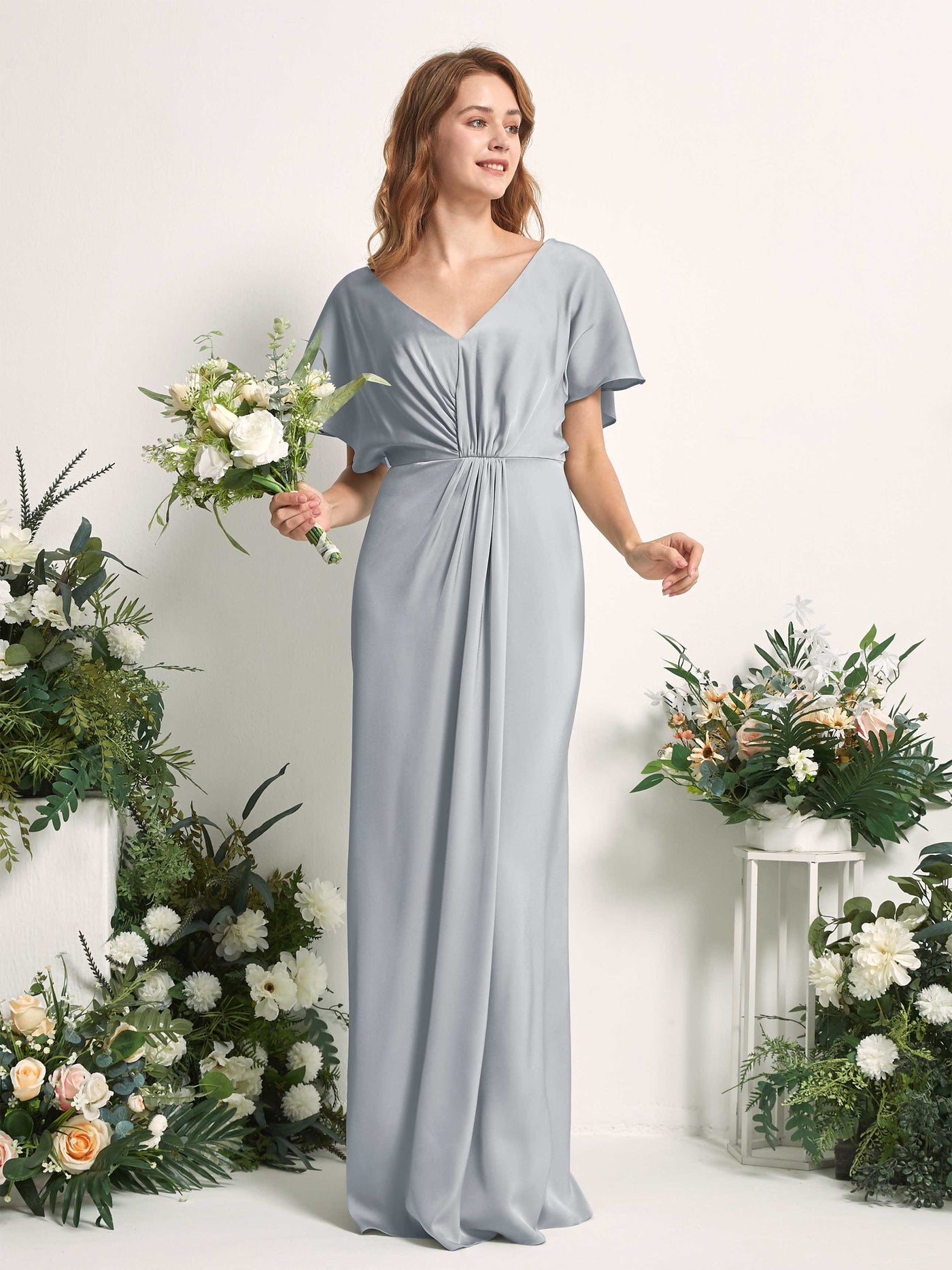 Baby Blue Bridesmaid Dresses Bridesmaid Dress A-line Satin V-neck Full Length Short Sleeves Wedding Party Dress (80225501)#color_baby-blue