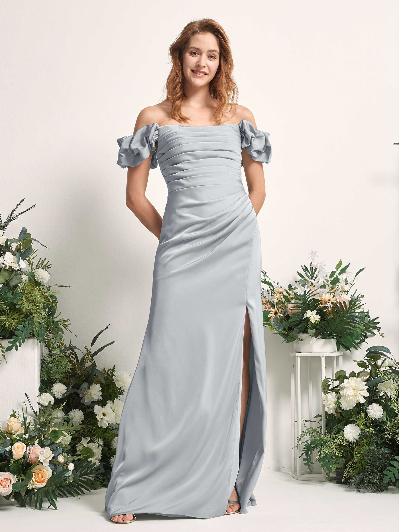 Baby Blue Bridesmaid Dresses Bridesmaid Dress A-line Satin Off Shoulder Full Length Short Sleeves Wedding Party Dress (80226401)#color_baby-blue