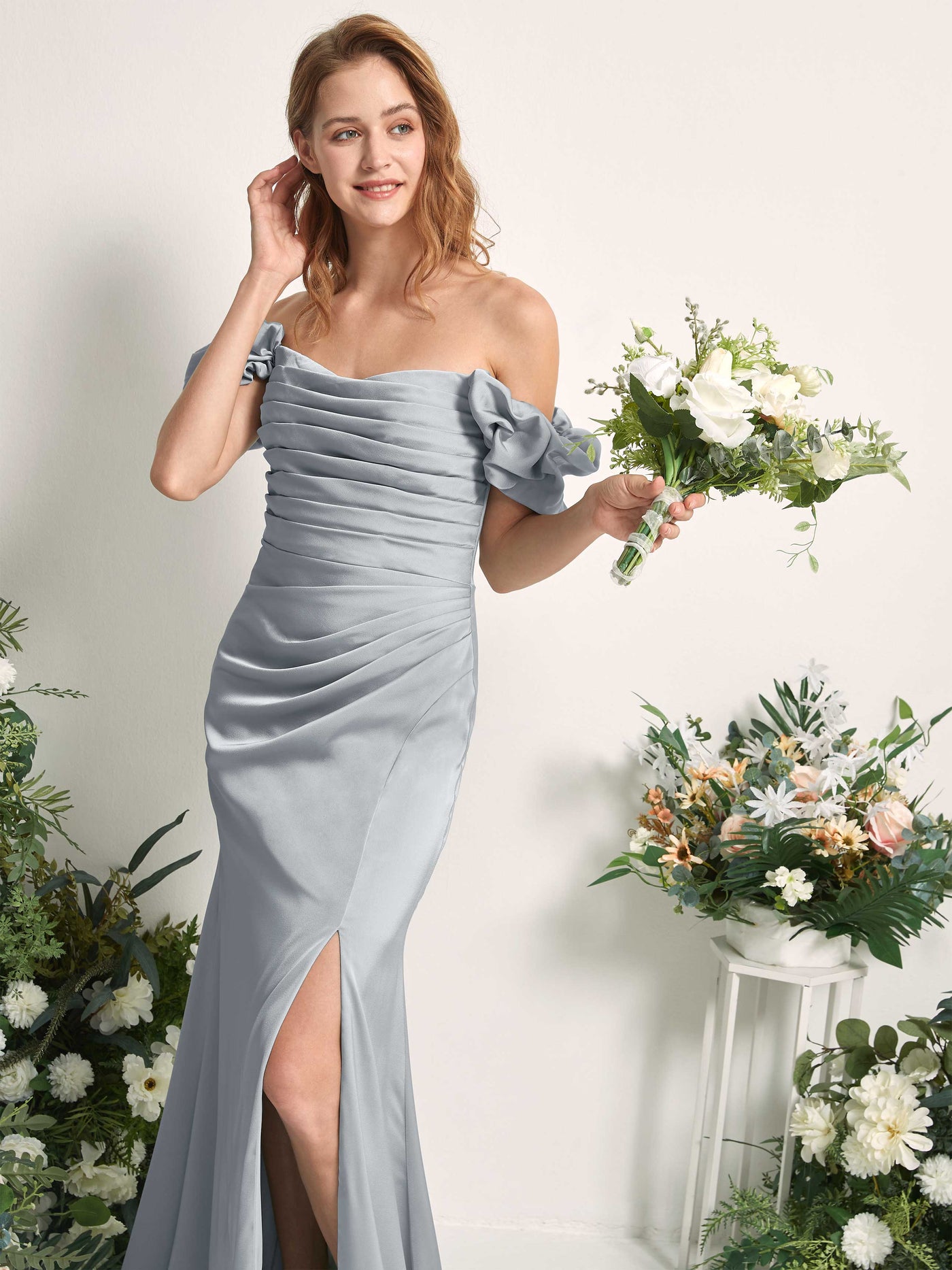 Baby Blue Bridesmaid Dresses Bridesmaid Dress A-line Satin Off Shoulder Full Length Short Sleeves Wedding Party Dress (80226401)#color_baby-blue