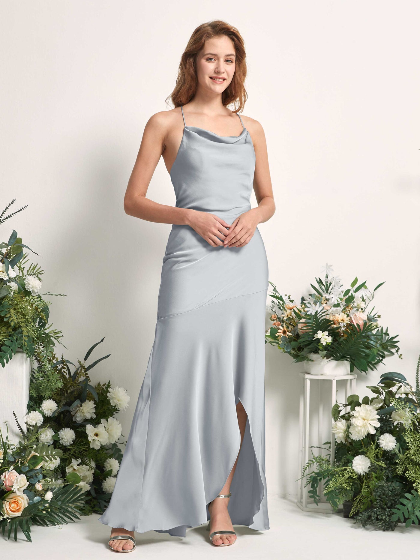 Pearl Pink Satin Cowl Neck Bridesmaid Dress Mermaid Floor-Length