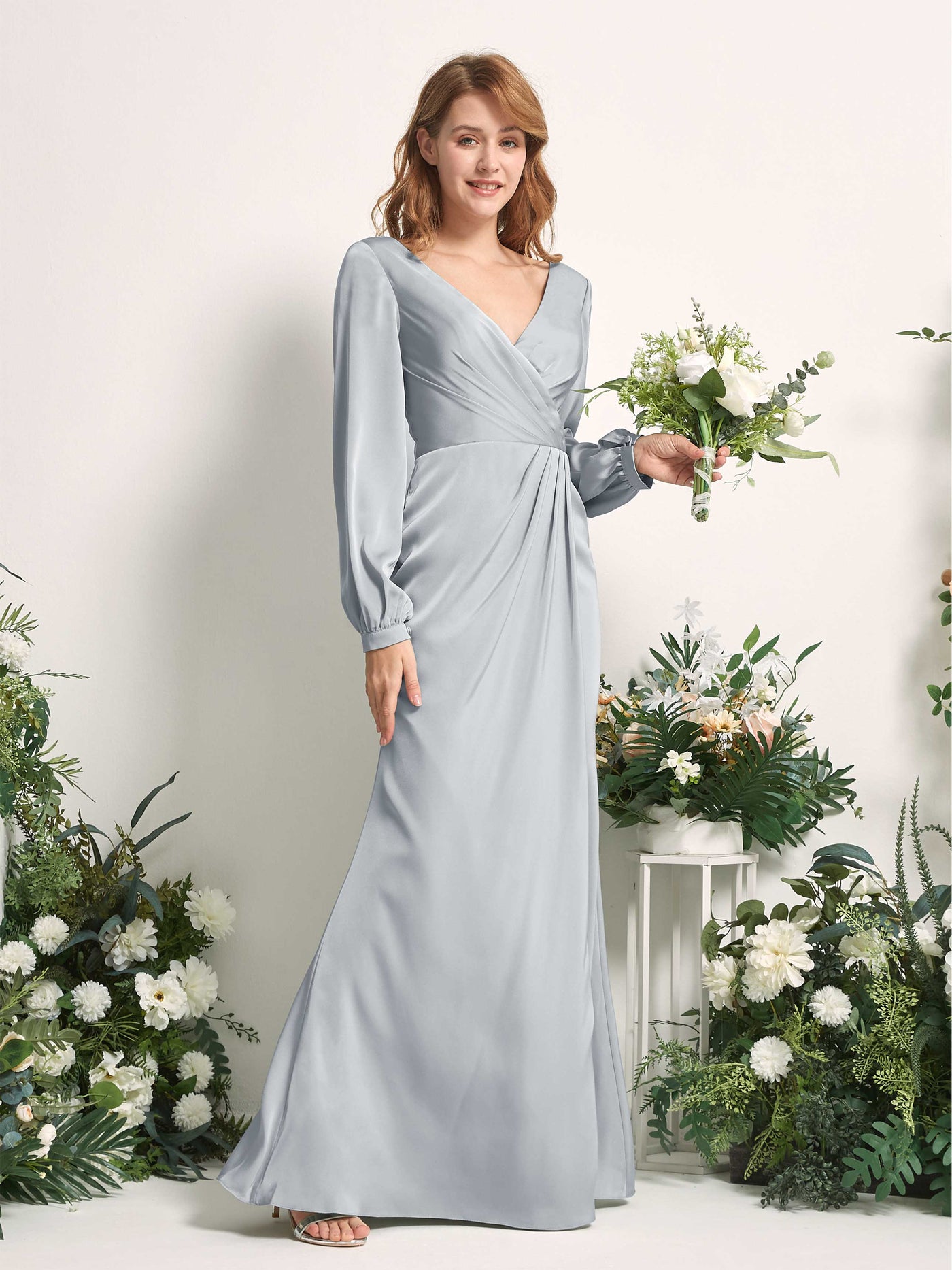 Baby Blue Bridesmaid Dresses Bridesmaid Dress Ball Gown Satin V-neck Full Length Long Sleeves Wedding Party Dress (80225101)#color_baby-blue