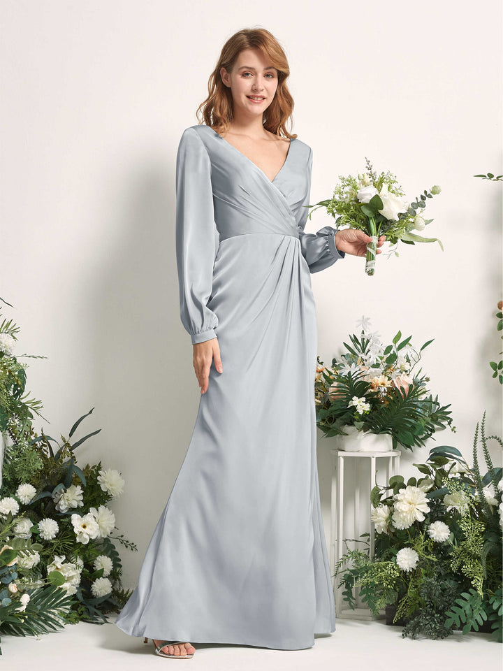 Baby Blue Bridesmaid Dresses Bridesmaid Dress Ball Gown Satin V-neck Full Length Long Sleeves Wedding Party Dress (80225101)