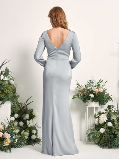 Carlyna Taylor Mermaid Baby Blue Satin Bridesmaid Dress Maxi Long Sleeve V-Neck Back View #color_baby-blue