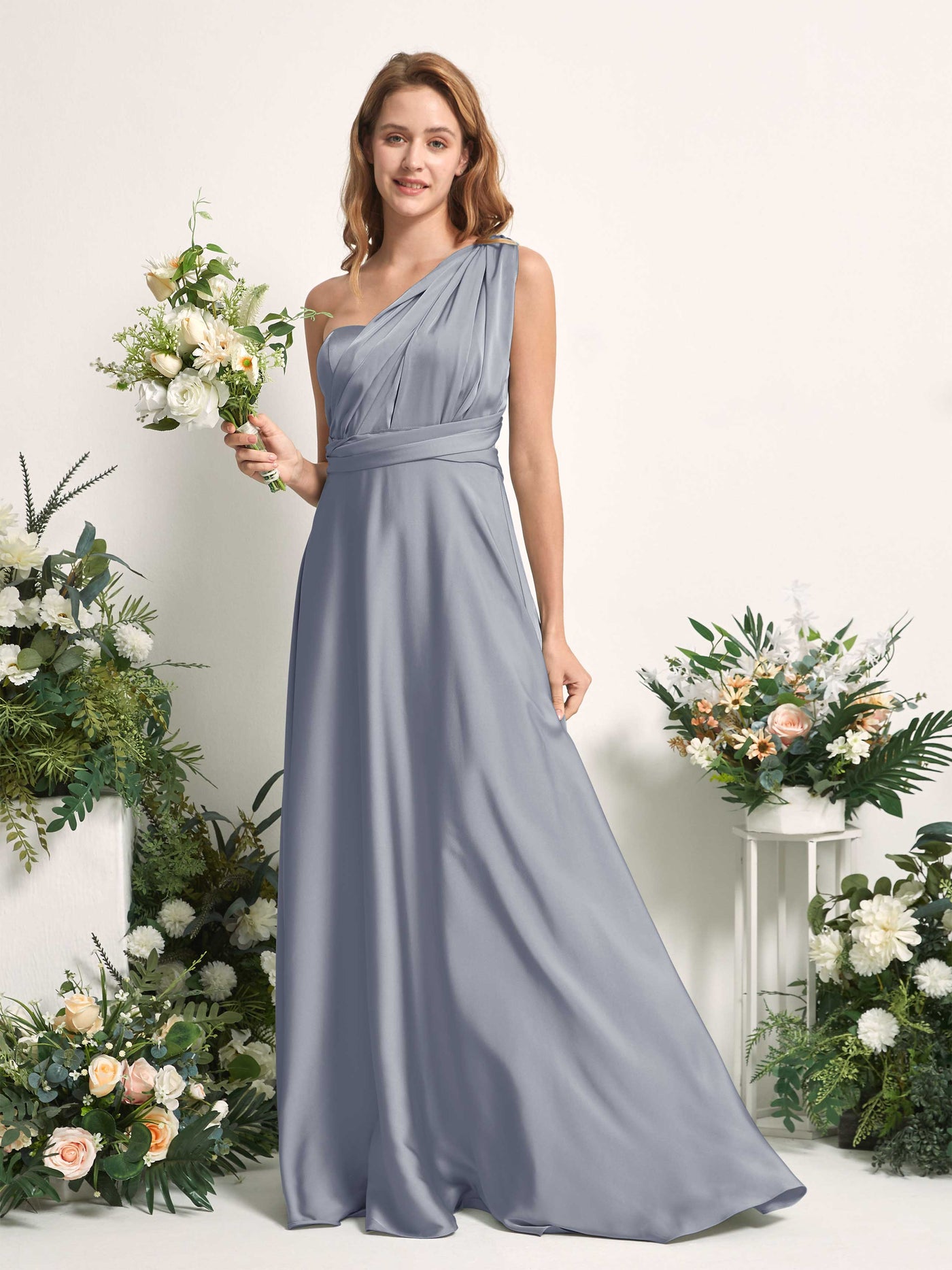 Dusty Blue Bridesmaid Dresses Bridesmaid Dress A-line Satin Halter Full Length Short Sleeves Wedding Party Dress (81226478)#color_dusty-blue
