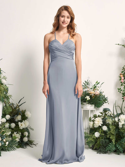 Carlyna Allison A-Line Dusty Blue Satin Bridesmaid Dress Maxi Sleeveless V-Neck Dress Front View #color_dusty-blue
