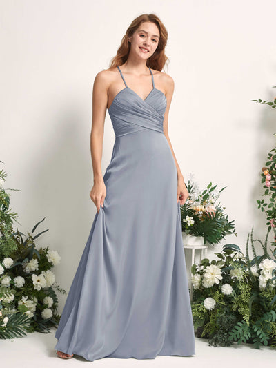 Carlyna Allison A-Line Dusty Blue Satin Bridesmaid Dress Maxi Sleeveless V-Neck Dress Side View 2 #color_dusty-blue
