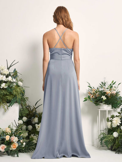 Carlyna Allison A-Line Dusty Blue Satin Bridesmaid Dress Maxi Sleeveless V-Neck Dress Back View #color_dusty-blue