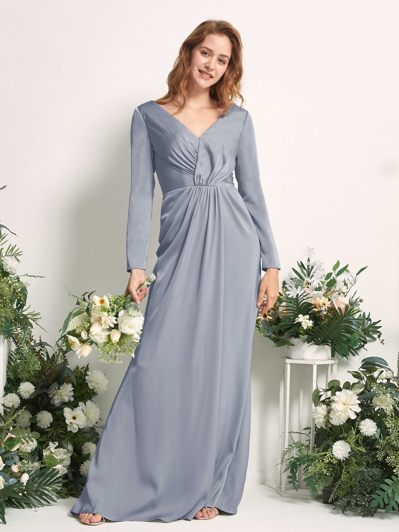 Dusty Blue Bridesmaid Dresses Bridesmaid Dress A-line Satin V-neck Full Length Long Sleeves Wedding Party Dress (80225878)#color_dusty-blue
