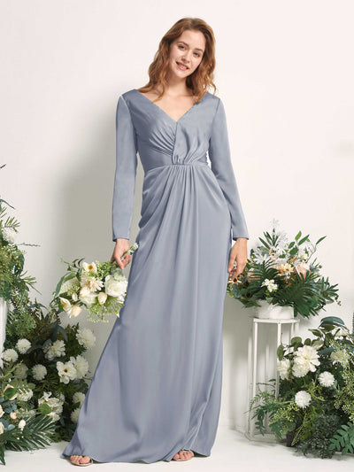 Carlyna Alicia Mermaid Dusty Blue Satin Bridesmaid Dress Maxi Long Sleeve V-Neck Front View #color_dusty-blue