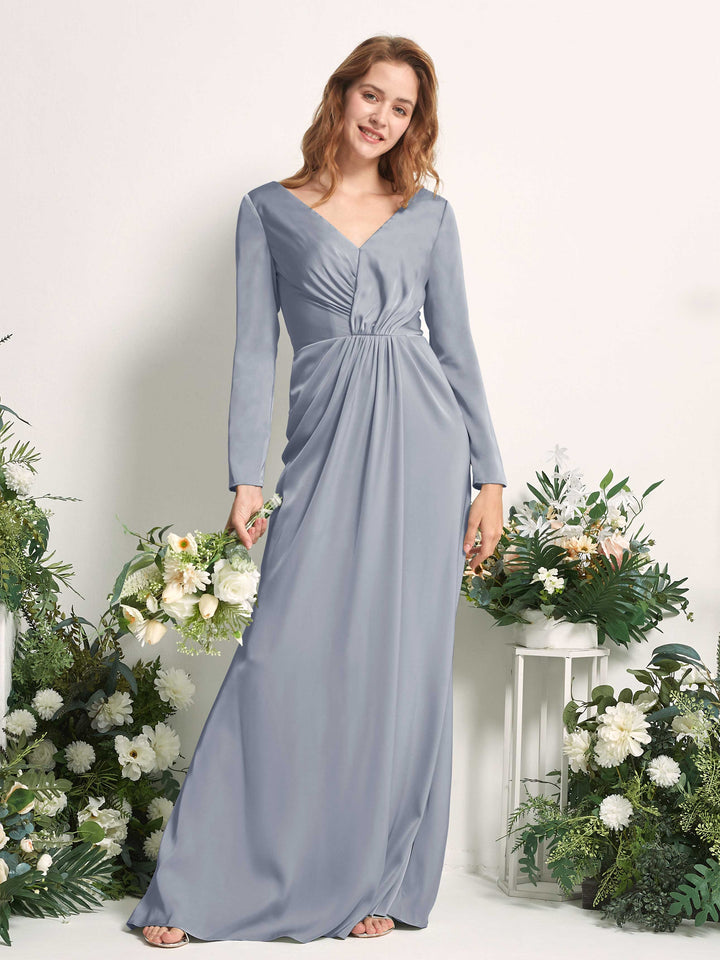 Dusty Blue Bridesmaid Dresses Bridesmaid Dress A-line Satin V-neck Full Length Long Sleeves Wedding Party Dress (80225878)