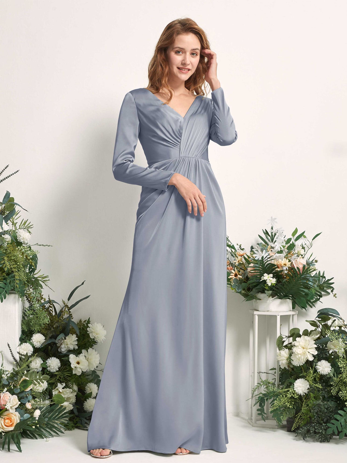Dusty Blue Bridesmaid Dresses Bridesmaid Dress A-line Satin V-neck Full Length Long Sleeves Wedding Party Dress (80225878)#color_dusty-blue