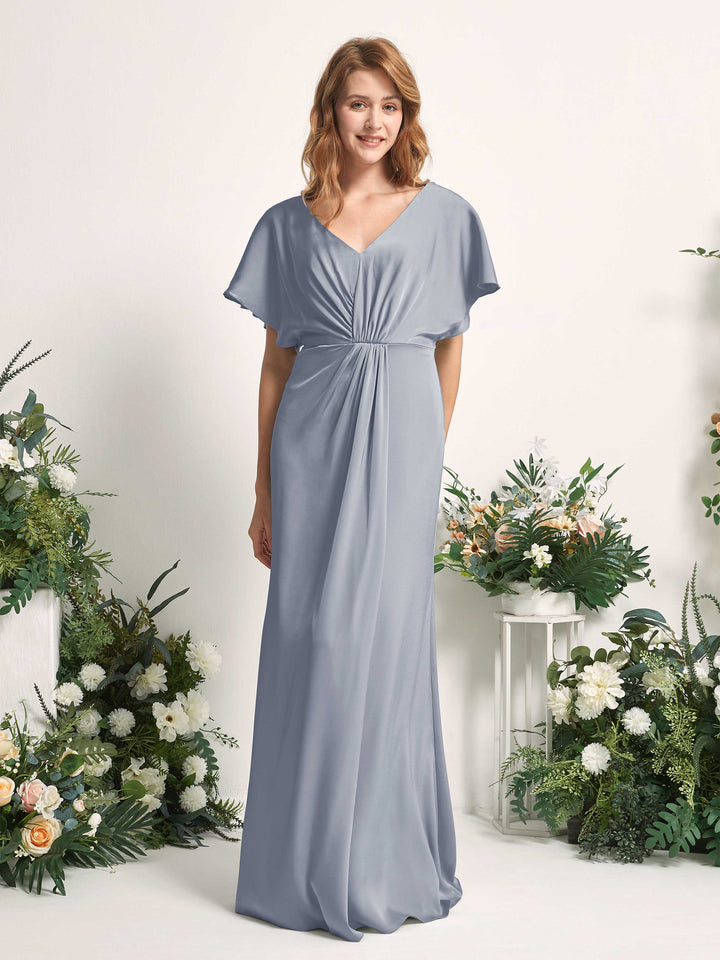 Dusty Blue Bridesmaid Dresses Bridesmaid Dress A-line Satin V-neck Full Length Short Sleeves Wedding Party Dress (80225578)