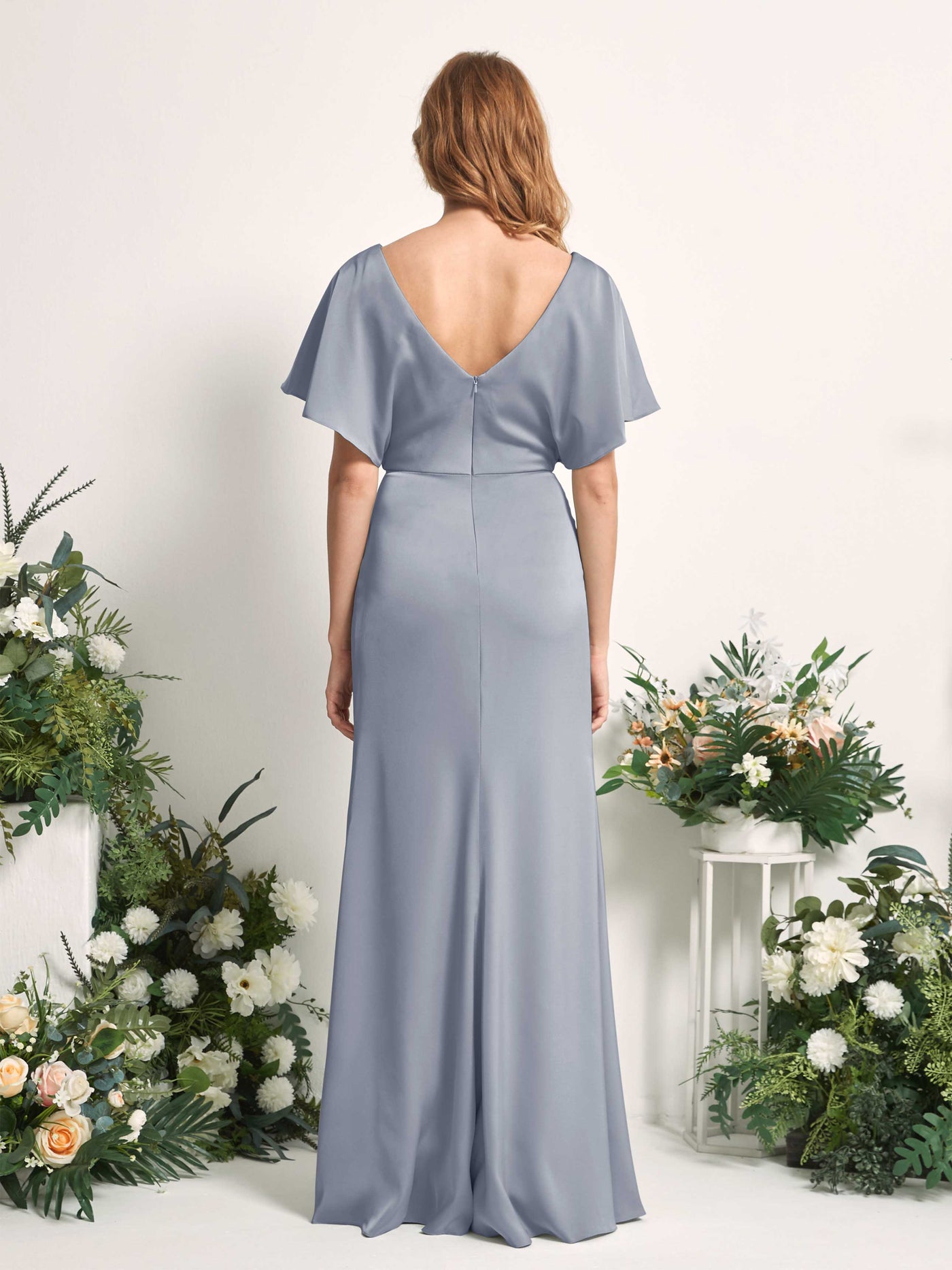 Dusty Blue Bridesmaid Dresses Bridesmaid Dress A-line Satin V-neck Full Length Short Sleeves Wedding Party Dress (80225578)#color_dusty-blue