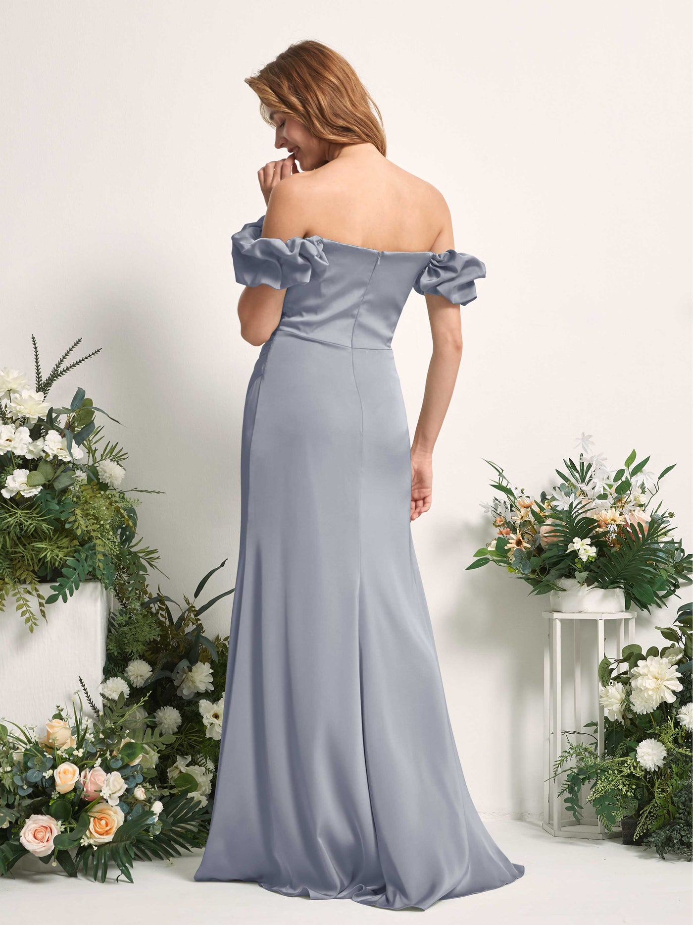 Dusty Blue Bridesmaid Dresses Bridesmaid Dress A-line Satin Off Shoulder Full Length Short Sleeves Wedding Party Dress (80226478)#color_dusty-blue