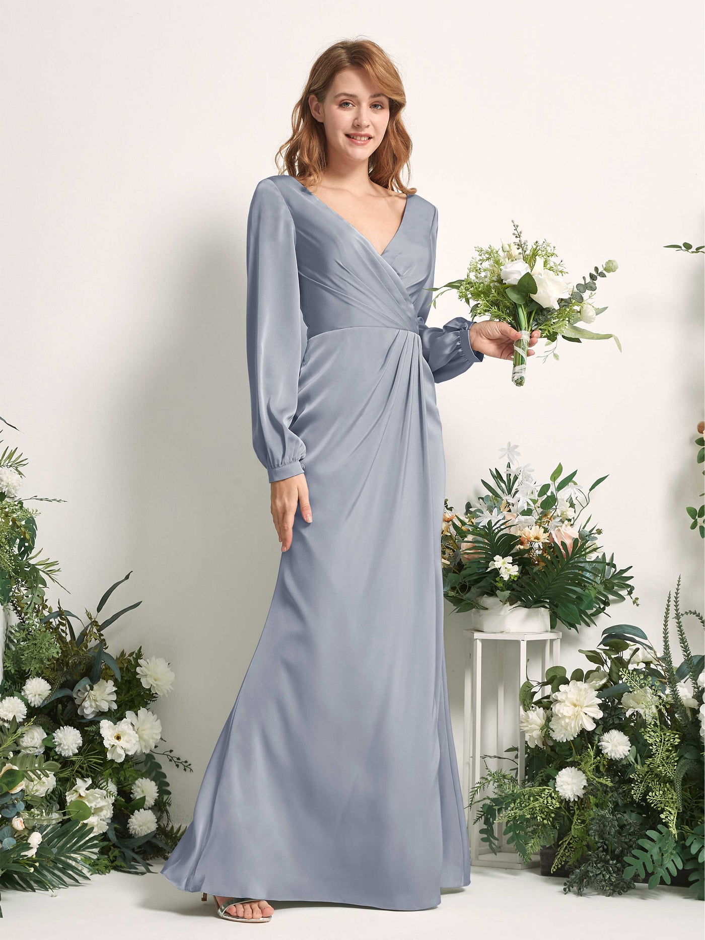 Dusty Blue Bridesmaid Dresses Bridesmaid Dress Ball Gown Satin V-neck Full Length Long Sleeves Wedding Party Dress (80225178)#color_dusty-blue