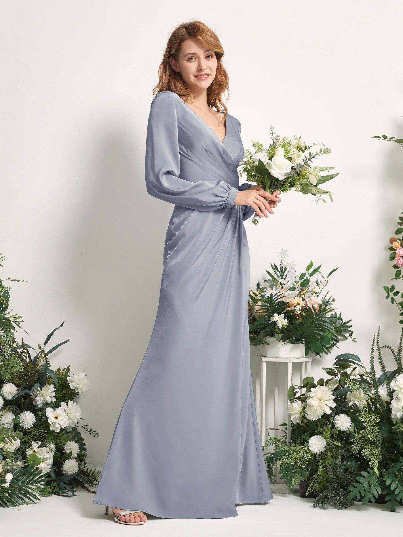 Dusty Blue Bridesmaid Dresses Bridesmaid Dress Ball Gown Satin V-neck Full Length Long Sleeves Wedding Party Dress (80225178)#color_dusty-blue