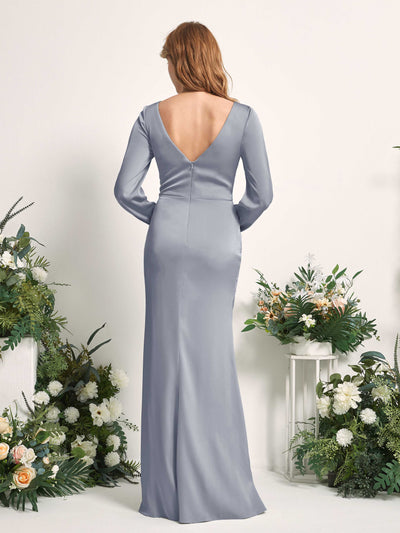 Carlyna Taylor Mermaid Dusty Blue Satin Bridesmaid Dress Maxi Long Sleeve V-Neck Back View #color_dusty-blue