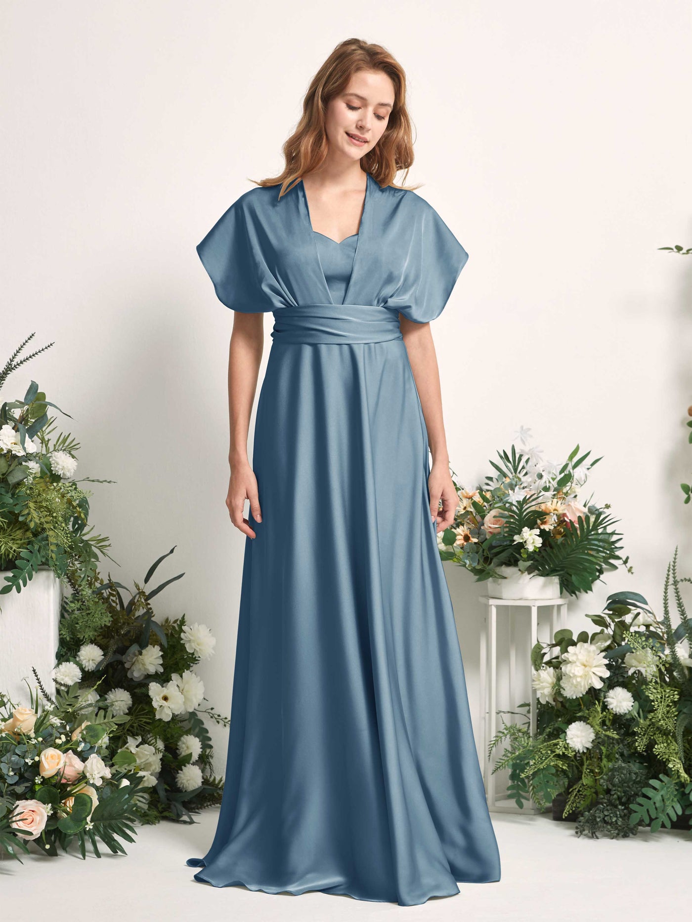Ink blue Bridesmaid Dresses Bridesmaid Dress A-line Satin Halter Full Length Short Sleeves Wedding Party Dress (81226414)#color_ink-blue