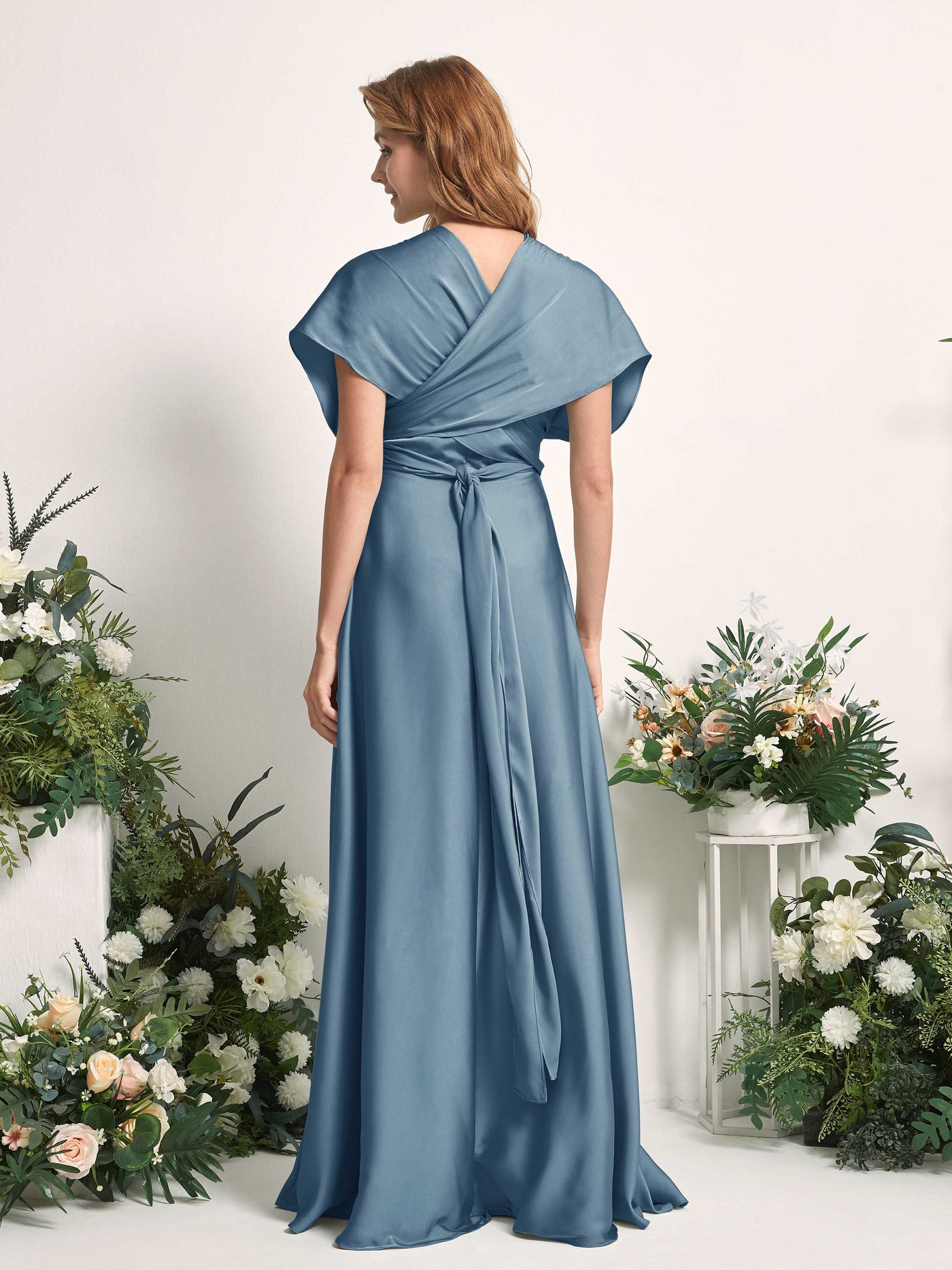 Ink blue Bridesmaid Dresses Bridesmaid Dress A-line Satin Halter Full Length Short Sleeves Wedding Party Dress (81226414)#color_ink-blue