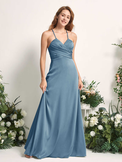 Carlyna Allison A-Line Ink blue Satin Bridesmaid Dress Maxi Sleeveless V-Neck Dress Side View 2 #color_ink-blue