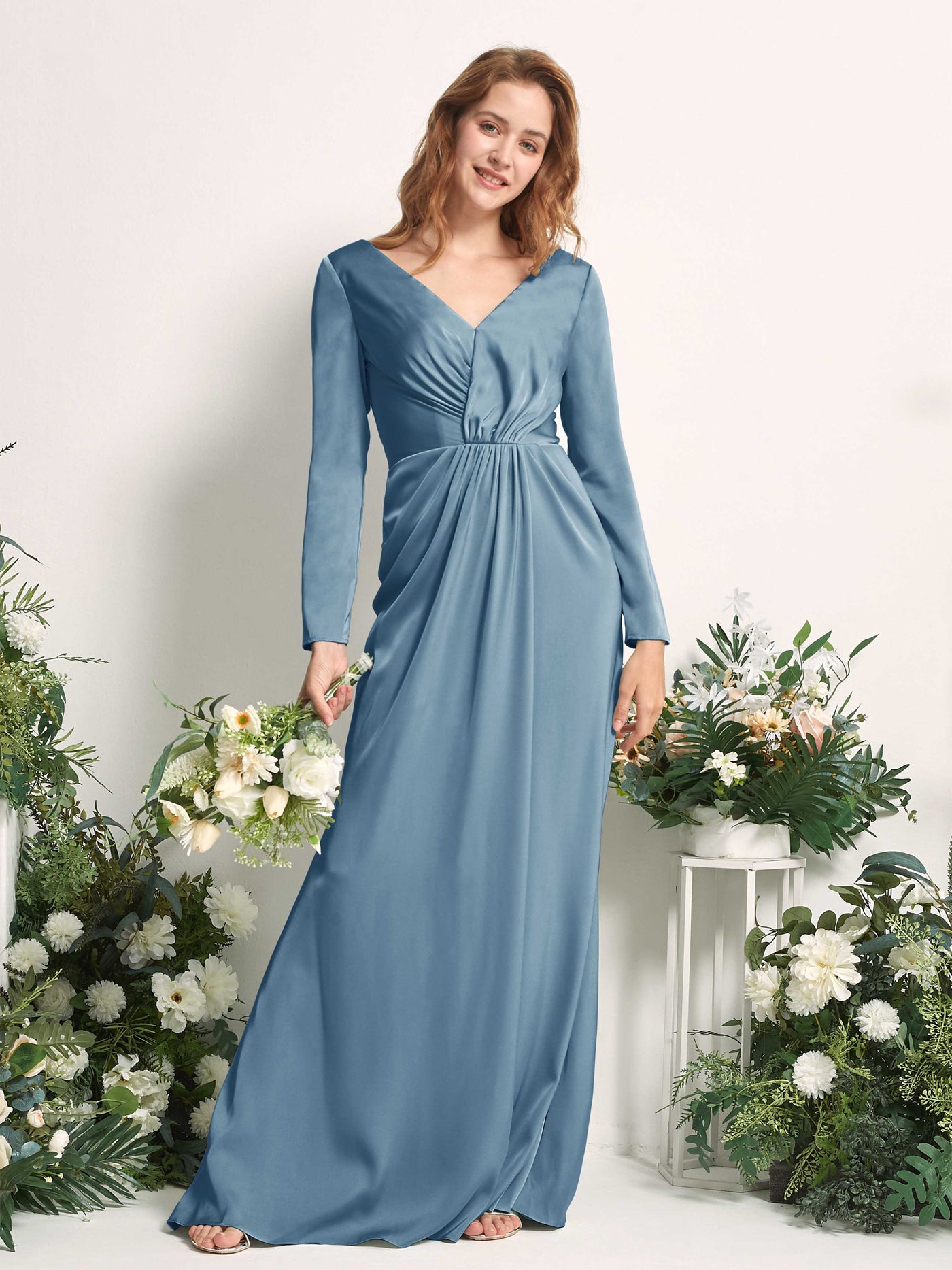 Rose Quartz Satin Bridesmaid Dress Mermaid Maxi Long Sleeve V-Neck